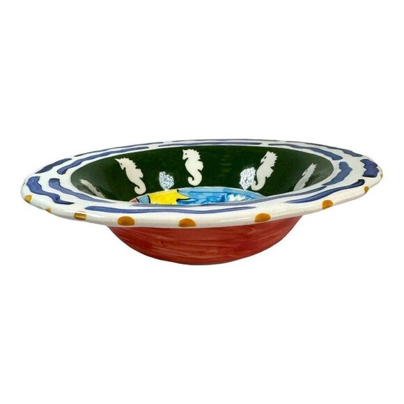 Vintage Mexico Seahorse Hand-Painted Pottery Bowl Coastal Village Design By Wick - Picture 2 of 5